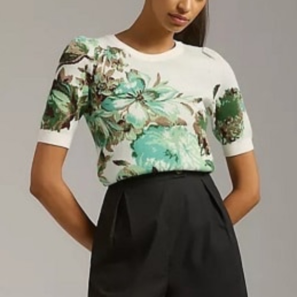 Maeve Anthropologie Harmon Jacquard Sweater Tee Small Floral Fall - Picture 1 of 10